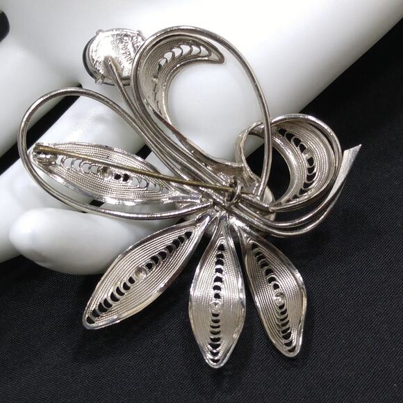 Western Germany Black & Silver Floral Brooch, Black Glass Cabochons, 1950s - Picture 3 of 10